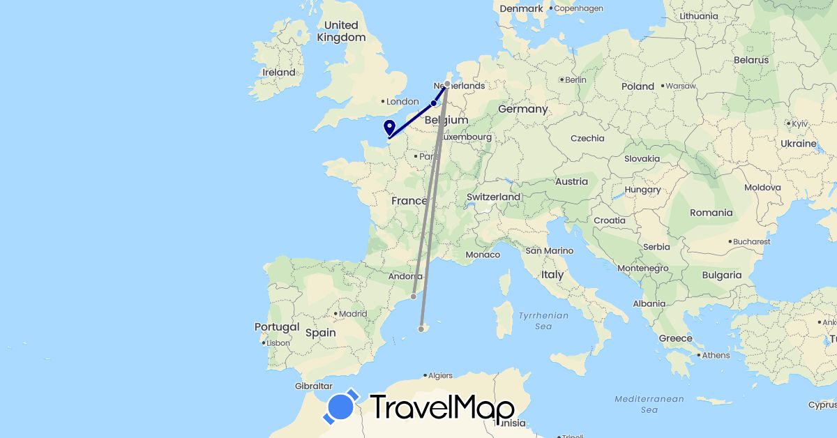 TravelMap itinerary: driving, plane in Spain, France, Netherlands (Europe)